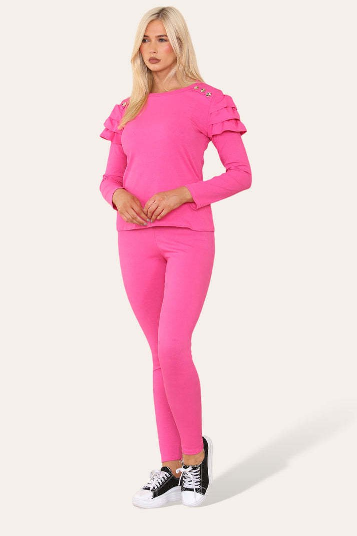 Frilled Sleeves Set Shoulder Golden Button Lounge Wear Suit