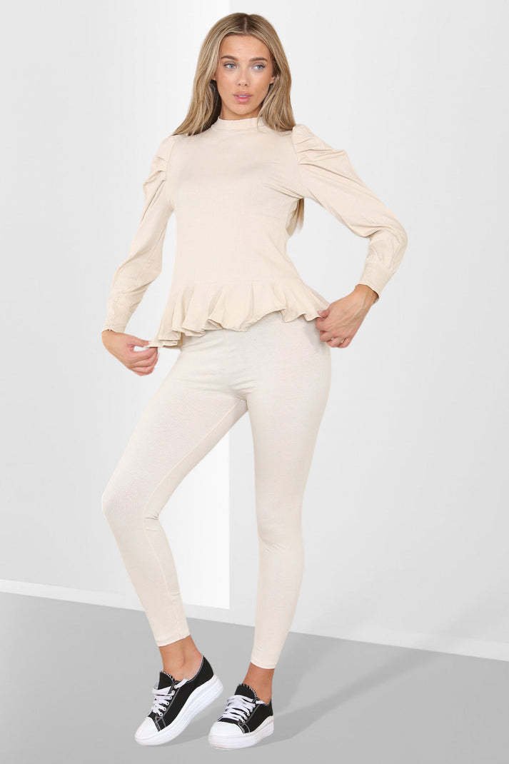 Frill Hem Peplum Ribbed Lounge Wear Suit