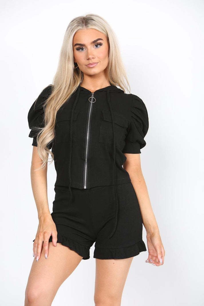 Front Pocket Zip Up Suit Ribbed Hooded Lounge Wear Short Set