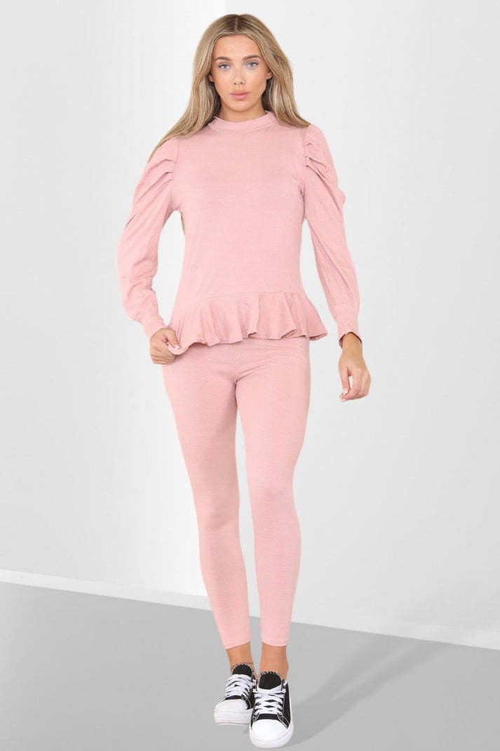 Frill Hem Peplum Ribbed Lounge Wear Suit