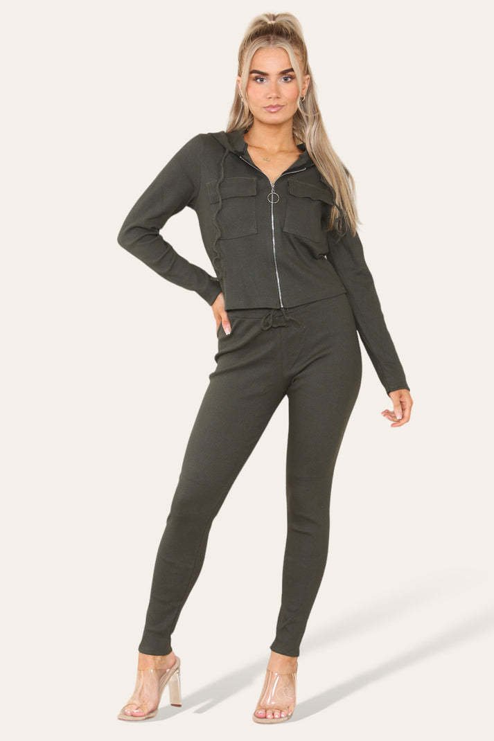 Front Pocket Zip Suit Ribbed Hooded Lounge Wear Set