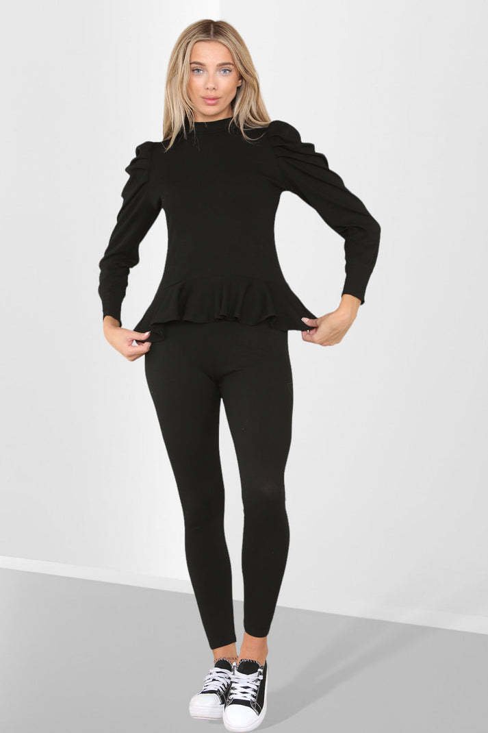 Frill Hem Peplum Ribbed Lounge Wear Suit
