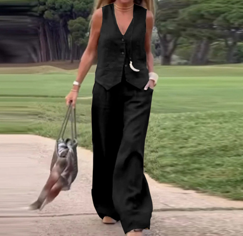 Casual Women’s Solid Color Fashion Sets Of Vest Trousers Suit