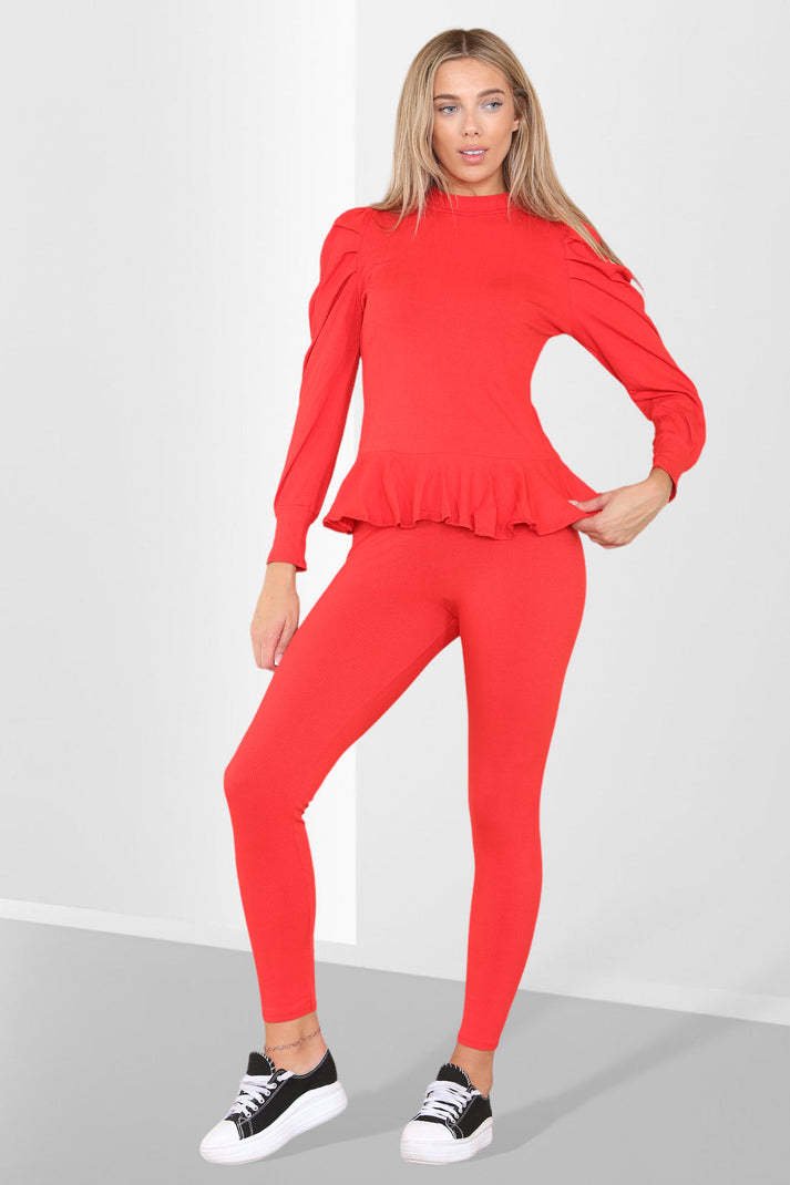 Frill Hem Peplum Ribbed Lounge Wear Suit
