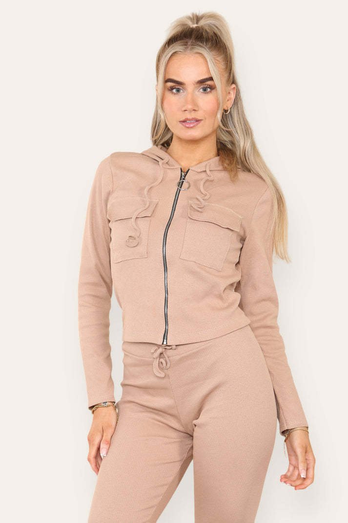 Front Pocket Zip Suit Ribbed Hooded Lounge Wear Set