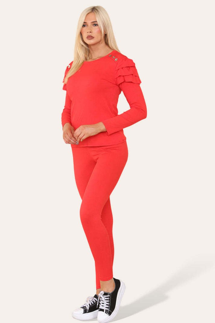 Frilled Sleeves Set Shoulder Golden Button Lounge Wear Suit