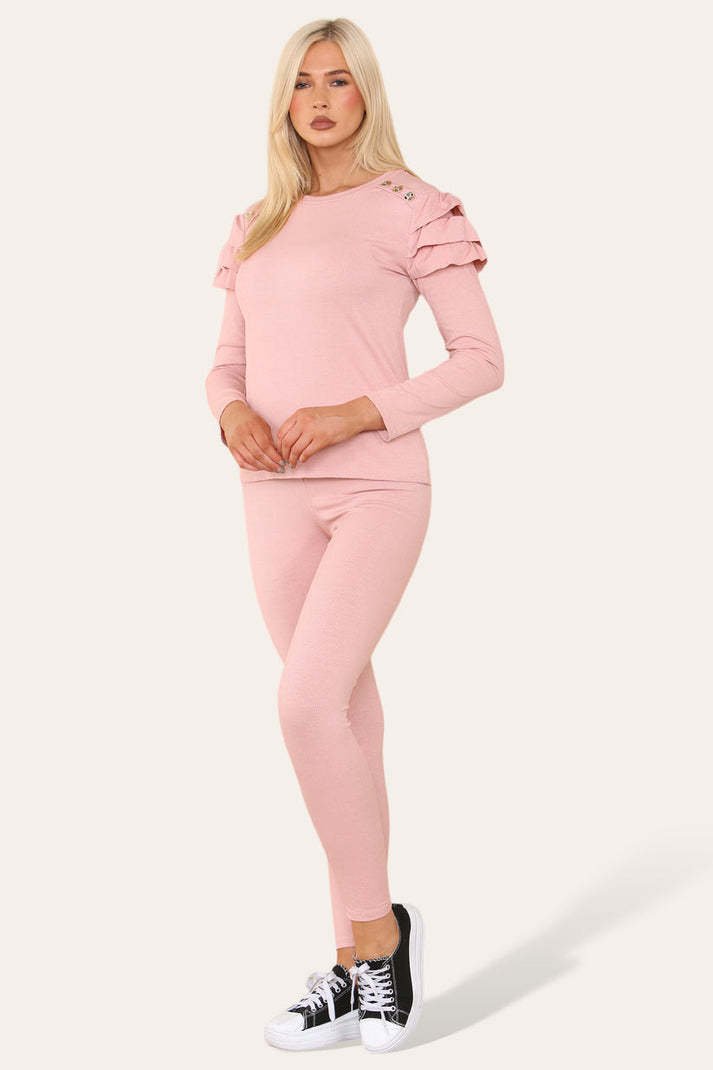 Frilled Sleeves Set Shoulder Golden Button Lounge Wear Suit